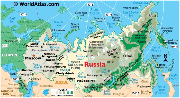 Russia and eurasian republics physical map